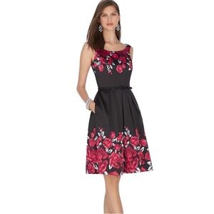 NWT WHBM Red Roses and Black Satin Cocktail/holiday dress. Sz 16. Missing belt